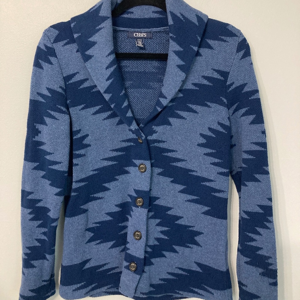 Southwestern Pattern Cardigan Jacket Size Small Blue CHAPS Fall Western Cozy